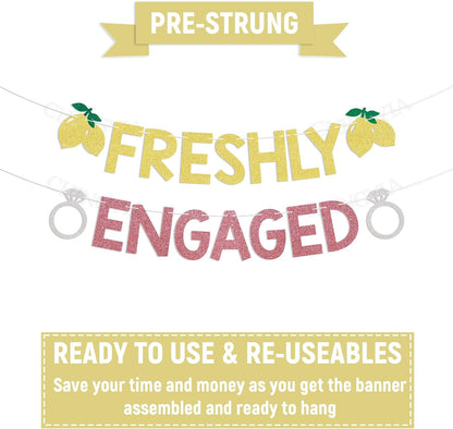 Lemon Theme Bachelorette Party Decor - Freshly Engaged Banner - She Found Her Main Squeeze Sign, Lemon Citrus Theme Bridal Shower Decorations Gold & Pink Glitter