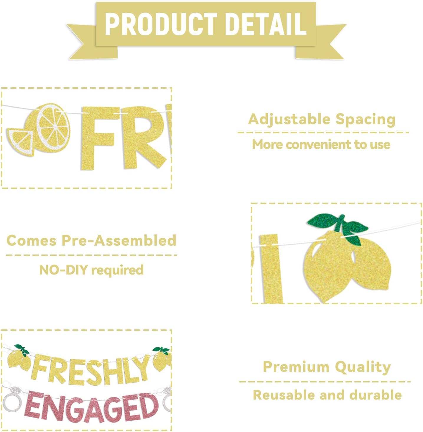 Lemon Theme Bachelorette Party Decor - Freshly Engaged Banner - She Found Her Main Squeeze Sign, Lemon Citrus Theme Bridal Shower Decorations Gold & Pink Glitter