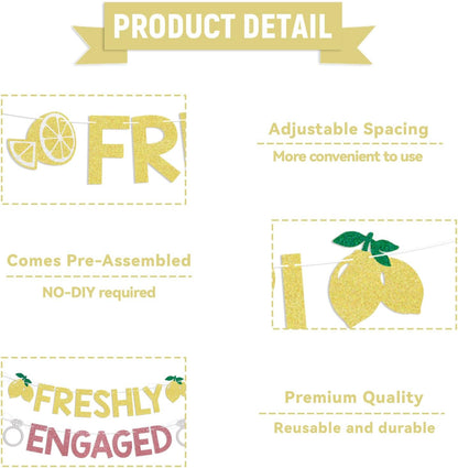 Lemon Theme Bachelorette Party Decor - Freshly Engaged Banner - She Found Her Main Squeeze Sign, Lemon Citrus Theme Bridal Shower Decorations Gold & Pink Glitter