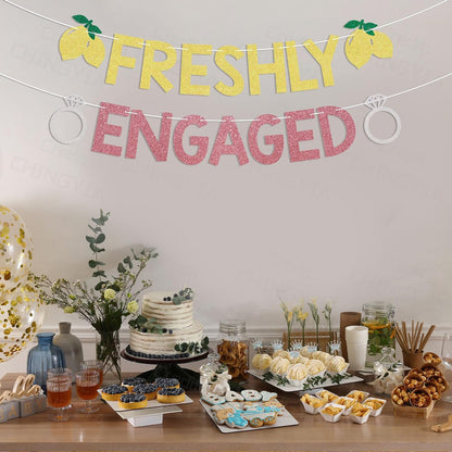 Lemon Theme Bachelorette Party Decor - Freshly Engaged Banner - She Found Her Main Squeeze Sign, Lemon Citrus Theme Bridal Shower Decorations Gold & Pink Glitter