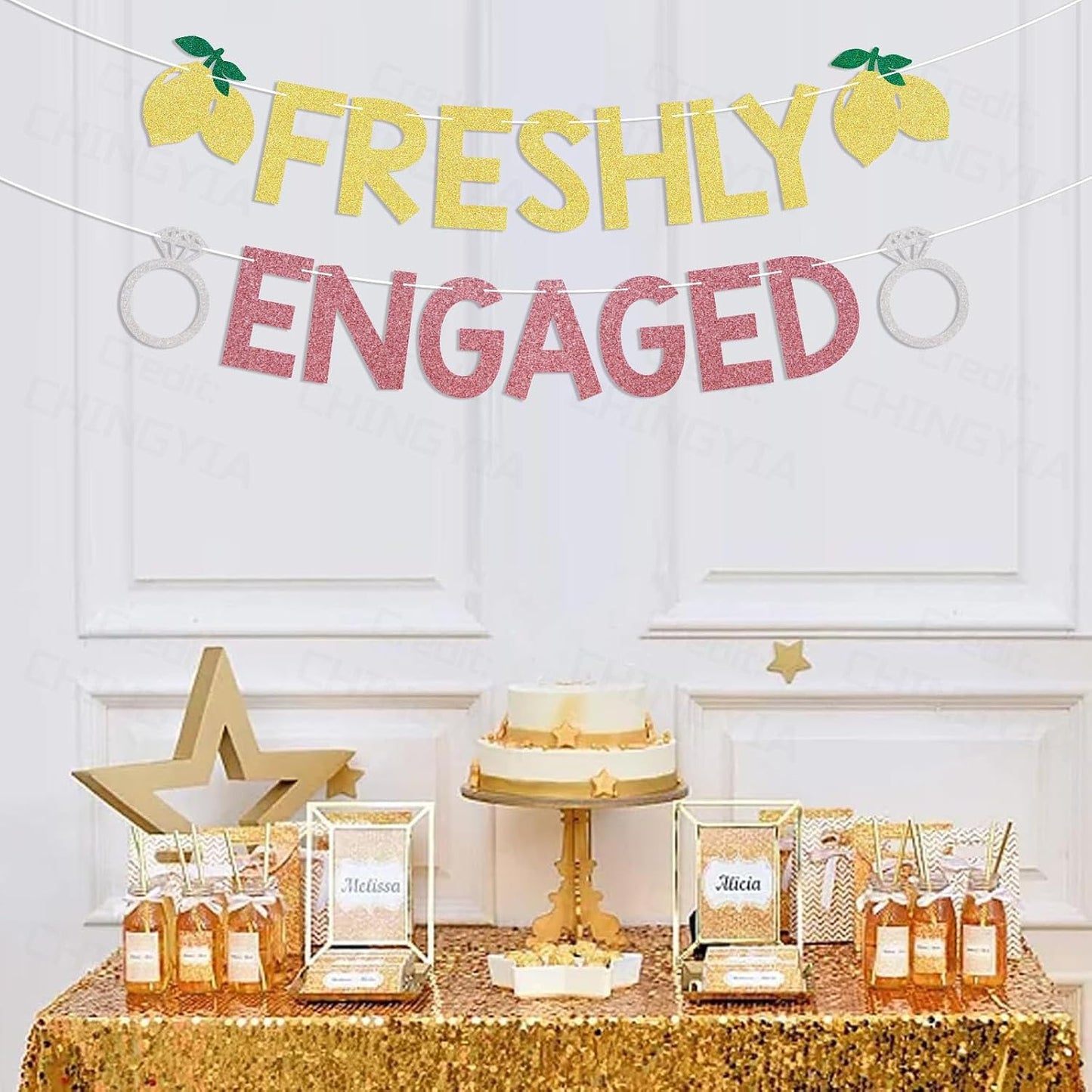 Lemon Theme Bachelorette Party Decor - Freshly Engaged Banner - She Found Her Main Squeeze Sign, Lemon Citrus Theme Bridal Shower Decorations Gold & Pink Glitter