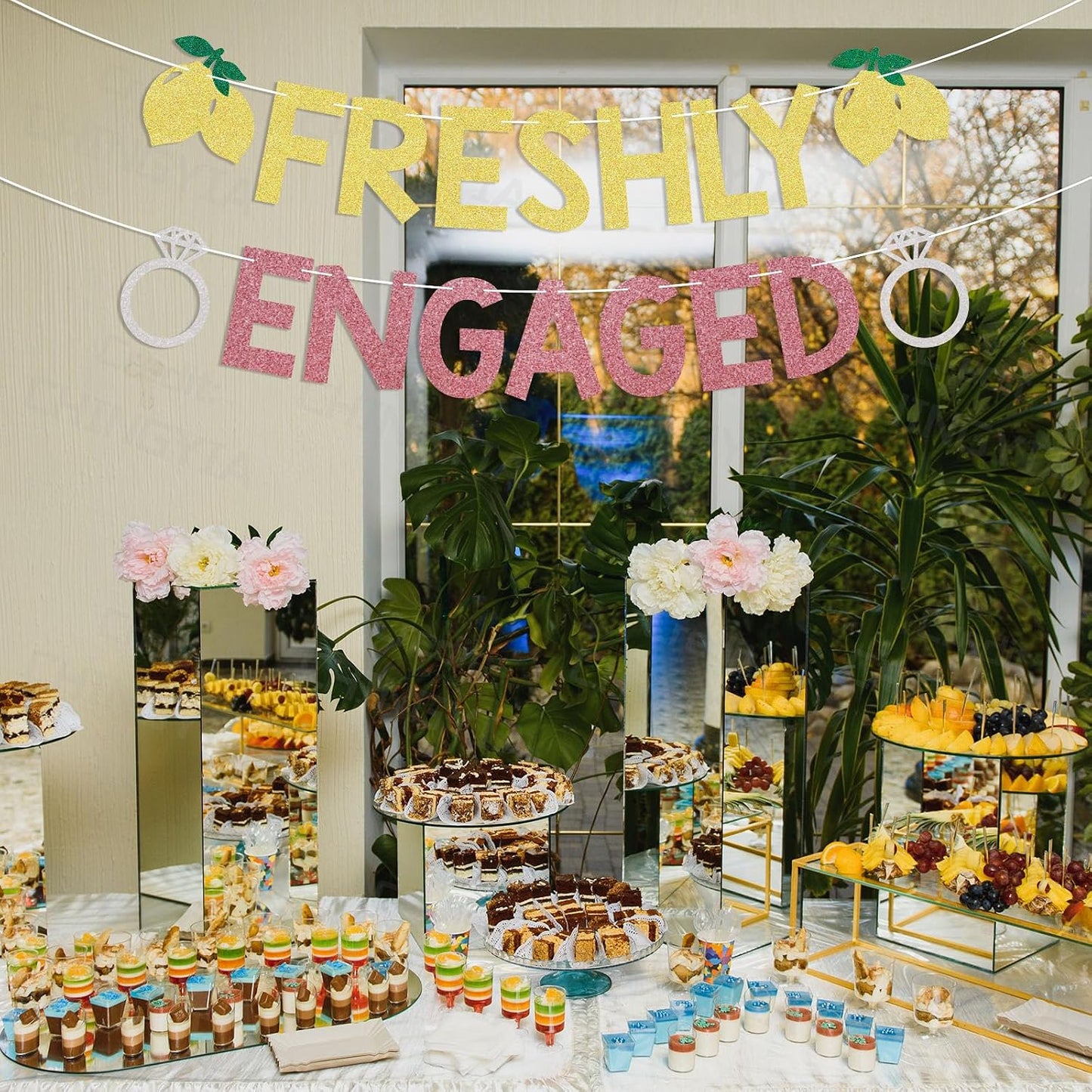 Lemon Theme Bachelorette Party Decor - Freshly Engaged Banner - She Found Her Main Squeeze Sign, Lemon Citrus Theme Bridal Shower Decorations Gold & Pink Glitter
