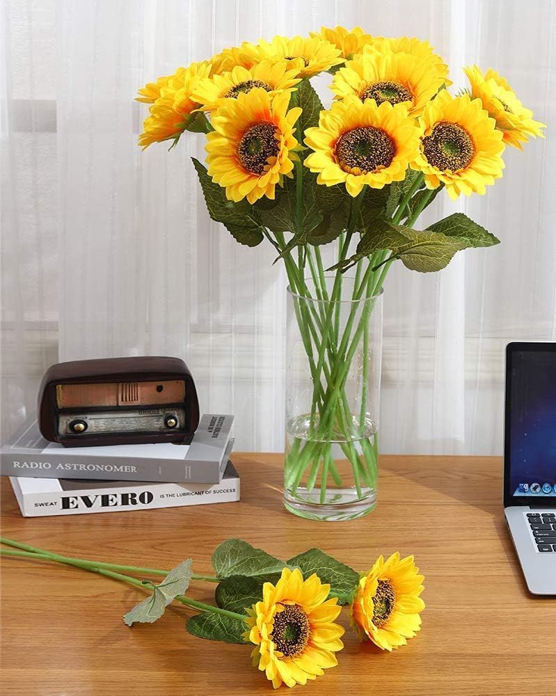 Artificial Sunflower Flowers Long Stem Silk Fake Large Sunflowers Decoration for Outdoor Home Wedding Baby Shower Birthday Party Single Bulk Yellow Decor 6PCS (Dark Center)