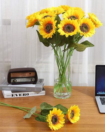 Artificial Sunflower Flowers Long Stem Silk Fake Large Sunflowers Decoration for Outdoor Home Wedding Baby Shower Birthday Party Single Bulk Yellow Decor 6PCS (Dark Center)