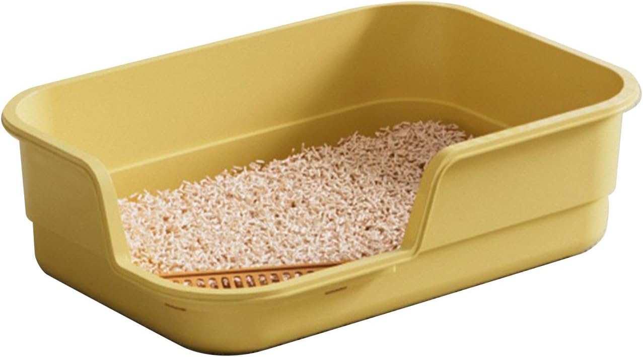 Semi Enclosed Cat Litter Box with High Sides, High Wall Low Entry Litter Box for Senior Cats, Durable Plastic Easy Clean Extra Large Cat Litter for Indoor Pet Potty (Yellow)