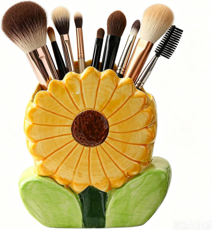 Ceramic Flower Makeup Brush Holder for Women Girls, Cute Pen Pencil Cup Pot for Desk Organizer, Bathroom Toothbrush Holder Home Office Decor (Yellow Sunflower)