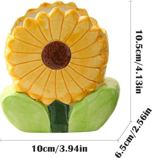Ceramic Flower Makeup Brush Holder for Women Girls, Cute Pen Pencil Cup Pot for Desk Organizer, Bathroom Toothbrush Holder Home Office Decor (Yellow Sunflower)