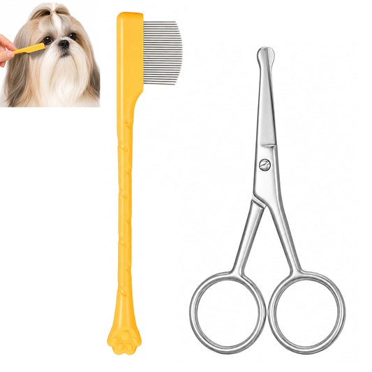 2 Pcs Dog Tear Stain Remover Comb with Pet Grooming Round Tip Scissors Stainless Steel Dog Eye Comb Pets Grooming Tool Stress-free Tear Stain Remover for Pet Facial Eye Area
