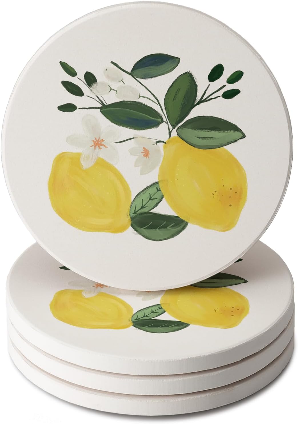 Thirstystone Lemon Blossom 4 Pack Absorbent Stone Coasters | Protective Cork Backing, Manufactured in the USA, Artistic, Easily Wipes Clean