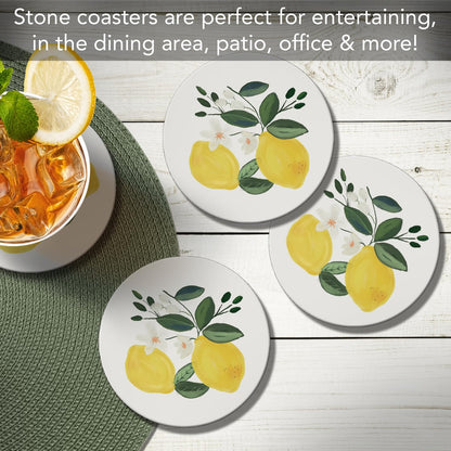 Thirstystone Lemon Blossom 4 Pack Absorbent Stone Coasters | Protective Cork Backing, Manufactured in the USA, Artistic, Easily Wipes Clean