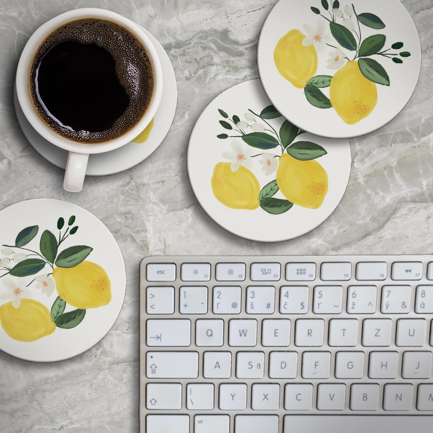 Thirstystone Lemon Blossom 4 Pack Absorbent Stone Coasters | Protective Cork Backing, Manufactured in the USA, Artistic, Easily Wipes Clean