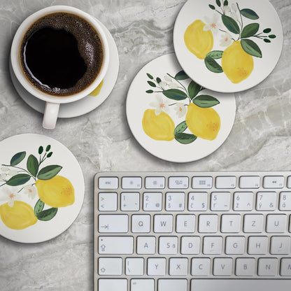 Thirstystone Lemon Blossom 4 Pack Absorbent Stone Coasters | Protective Cork Backing, Manufactured in the USA, Artistic, Easily Wipes Clean