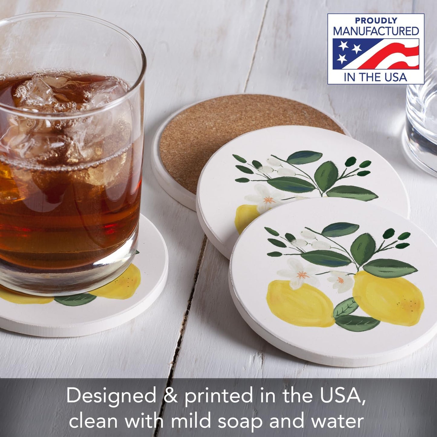 Thirstystone Lemon Blossom 4 Pack Absorbent Stone Coasters | Protective Cork Backing, Manufactured in the USA, Artistic, Easily Wipes Clean