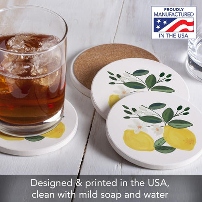 Thirstystone Lemon Blossom 4 Pack Absorbent Stone Coasters | Protective Cork Backing, Manufactured in the USA, Artistic, Easily Wipes Clean
