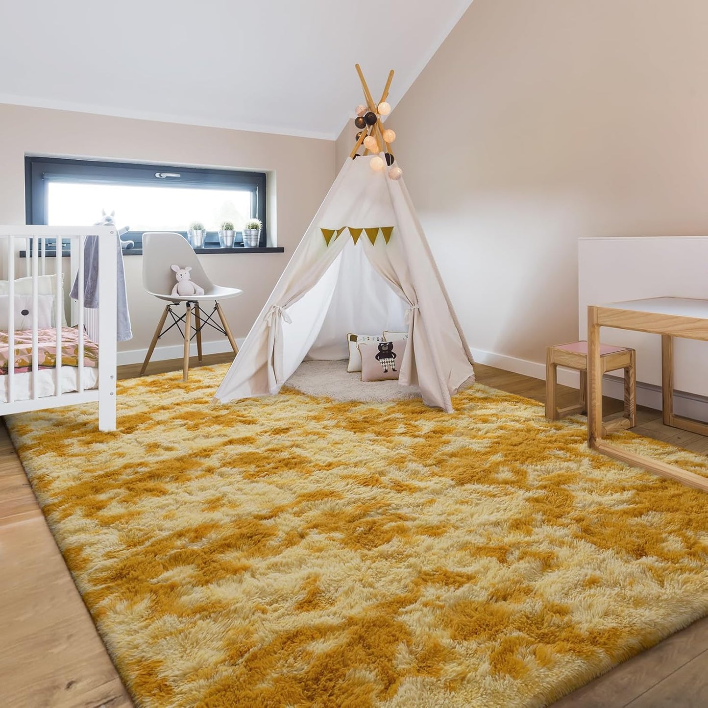 4x6 Large Washable Area Rugs for Living Room Tie-Dyed Orange Yellow | Non-Slip Indoor Shag Fuzzy Soft Fluffy Modern Carpet for Bedroom Dorm Bedside Girls Boys Kids Nursery Playroom Home Decor