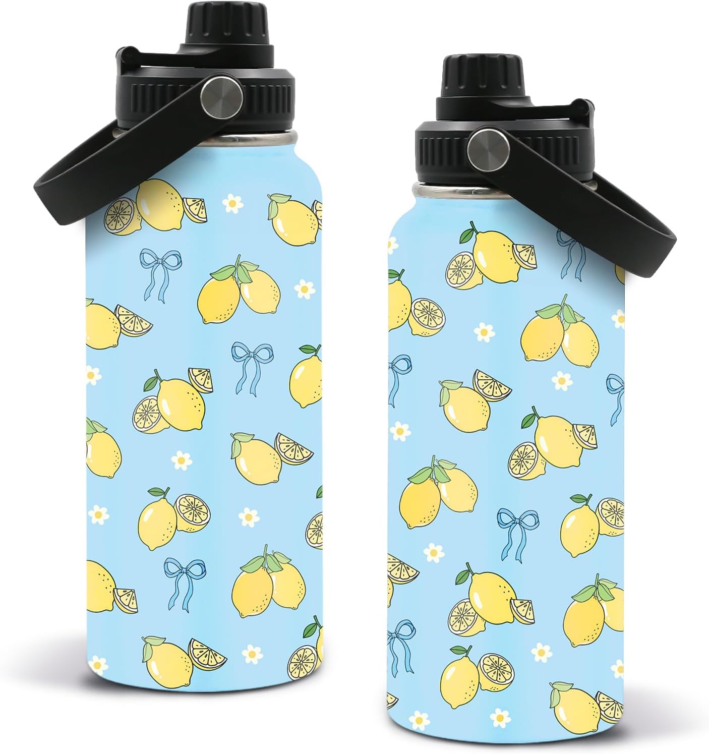Blue Lemon Bow Water Bottle 32oz - Insulated Stainless Steel Sports Water Bottle with Handle & Leak Proof Lid, Wide Mouth - Cute Lemons Gifts for Women, Girls, Lemon Lovers for School, Gym, Travel