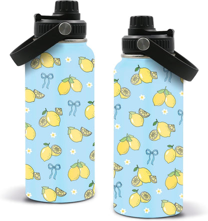 Blue Lemon Bow Water Bottle 32oz - Insulated Stainless Steel Sports Water Bottle with Handle & Leak Proof Lid, Wide Mouth - Cute Lemons Gifts for Women, Girls, Lemon Lovers for School, Gym, Travel