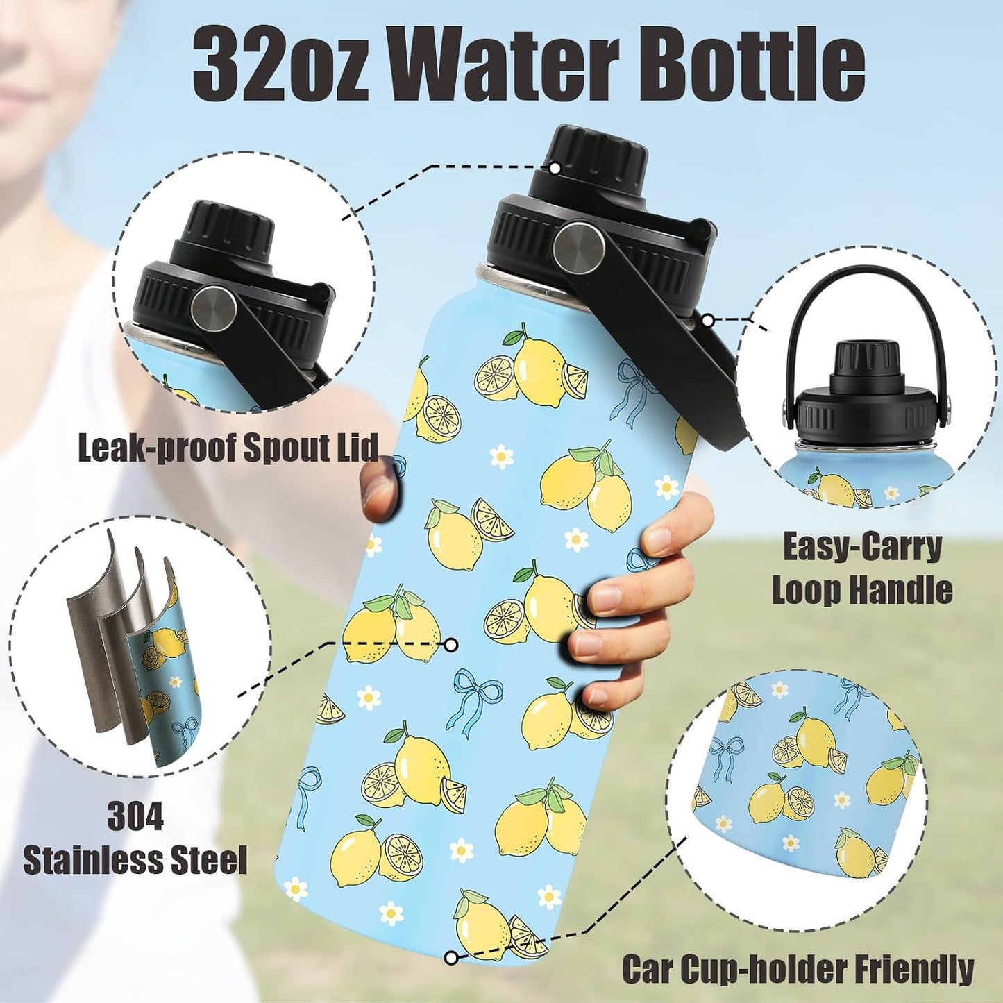 Blue Lemon Bow Water Bottle 32oz - Insulated Stainless Steel Sports Water Bottle with Handle & Leak Proof Lid, Wide Mouth - Cute Lemons Gifts for Women, Girls, Lemon Lovers for School, Gym, Travel