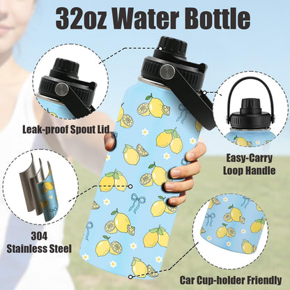 Blue Lemon Bow Water Bottle 32oz - Insulated Stainless Steel Sports Water Bottle with Handle & Leak Proof Lid, Wide Mouth - Cute Lemons Gifts for Women, Girls, Lemon Lovers for School, Gym, Travel