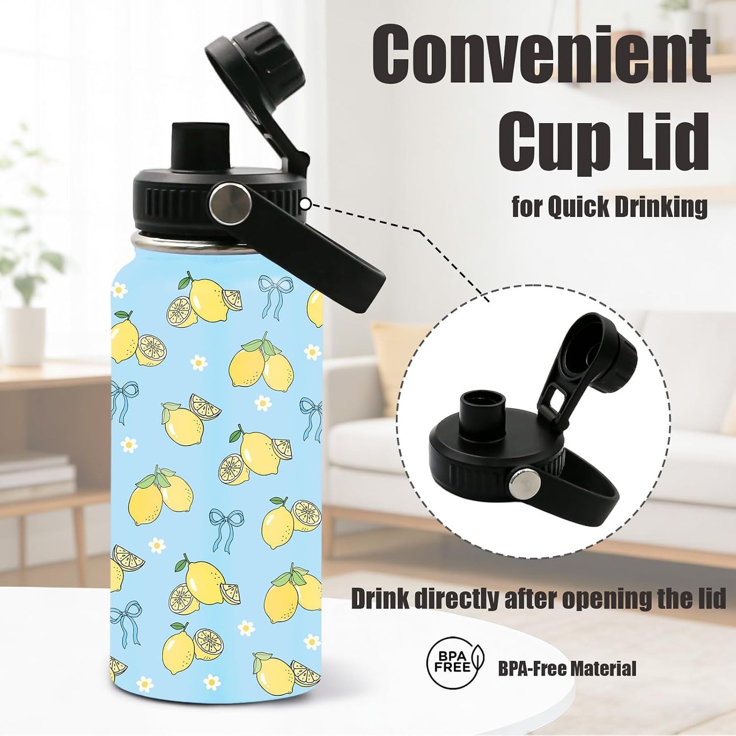 Blue Lemon Bow Water Bottle 32oz - Insulated Stainless Steel Sports Water Bottle with Handle & Leak Proof Lid, Wide Mouth - Cute Lemons Gifts for Women, Girls, Lemon Lovers for School, Gym, Travel