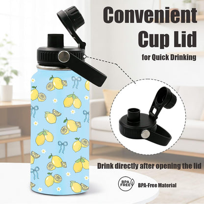 Blue Lemon Bow Water Bottle 32oz - Insulated Stainless Steel Sports Water Bottle with Handle & Leak Proof Lid, Wide Mouth - Cute Lemons Gifts for Women, Girls, Lemon Lovers for School, Gym, Travel