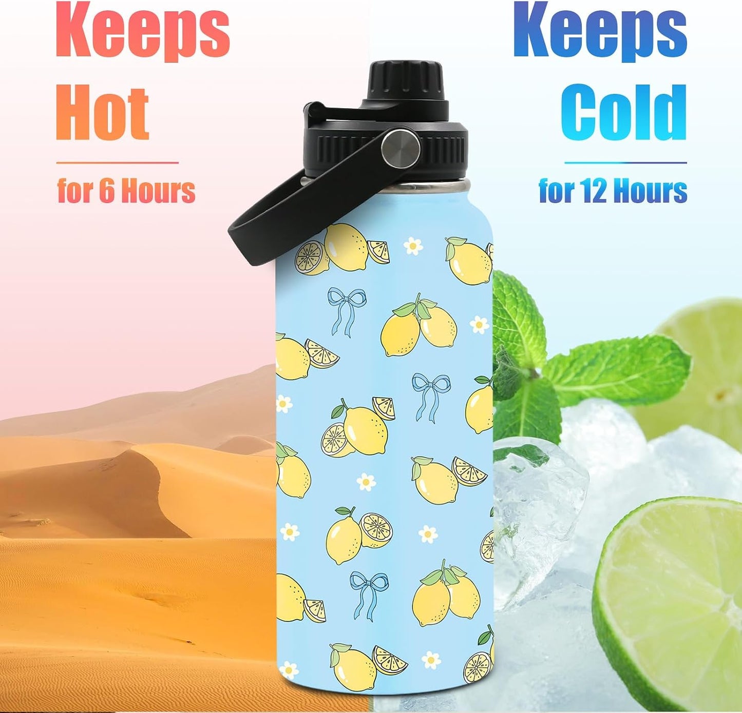 Blue Lemon Bow Water Bottle 32oz - Insulated Stainless Steel Sports Water Bottle with Handle & Leak Proof Lid, Wide Mouth - Cute Lemons Gifts for Women, Girls, Lemon Lovers for School, Gym, Travel