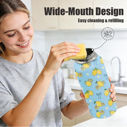 Blue Lemon Bow Water Bottle 32oz - Insulated Stainless Steel Sports Water Bottle with Handle & Leak Proof Lid, Wide Mouth - Cute Lemons Gifts for Women, Girls, Lemon Lovers for School, Gym, Travel