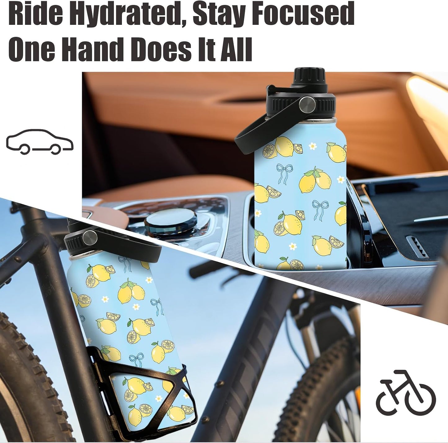 Blue Lemon Bow Water Bottle 32oz - Insulated Stainless Steel Sports Water Bottle with Handle & Leak Proof Lid, Wide Mouth - Cute Lemons Gifts for Women, Girls, Lemon Lovers for School, Gym, Travel