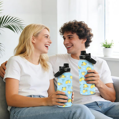 Blue Lemon Bow Water Bottle 32oz - Insulated Stainless Steel Sports Water Bottle with Handle & Leak Proof Lid, Wide Mouth - Cute Lemons Gifts for Women, Girls, Lemon Lovers for School, Gym, Travel
