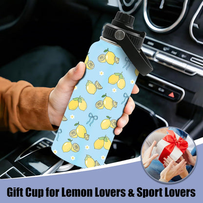 Blue Lemon Bow Water Bottle 32oz - Insulated Stainless Steel Sports Water Bottle with Handle & Leak Proof Lid, Wide Mouth - Cute Lemons Gifts for Women, Girls, Lemon Lovers for School, Gym, Travel