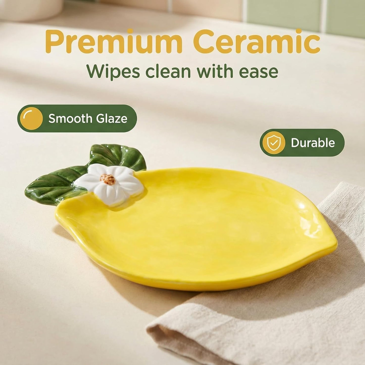 Lemon Spoon Rest For Stove Top -Yellow Single Lemon Ceramic Spoon Holder For Kitchen Counter & Kitchen Decor, Yellow Countertop Organizer For Spoons Or Spatulas, Practical And Artistic (Small)