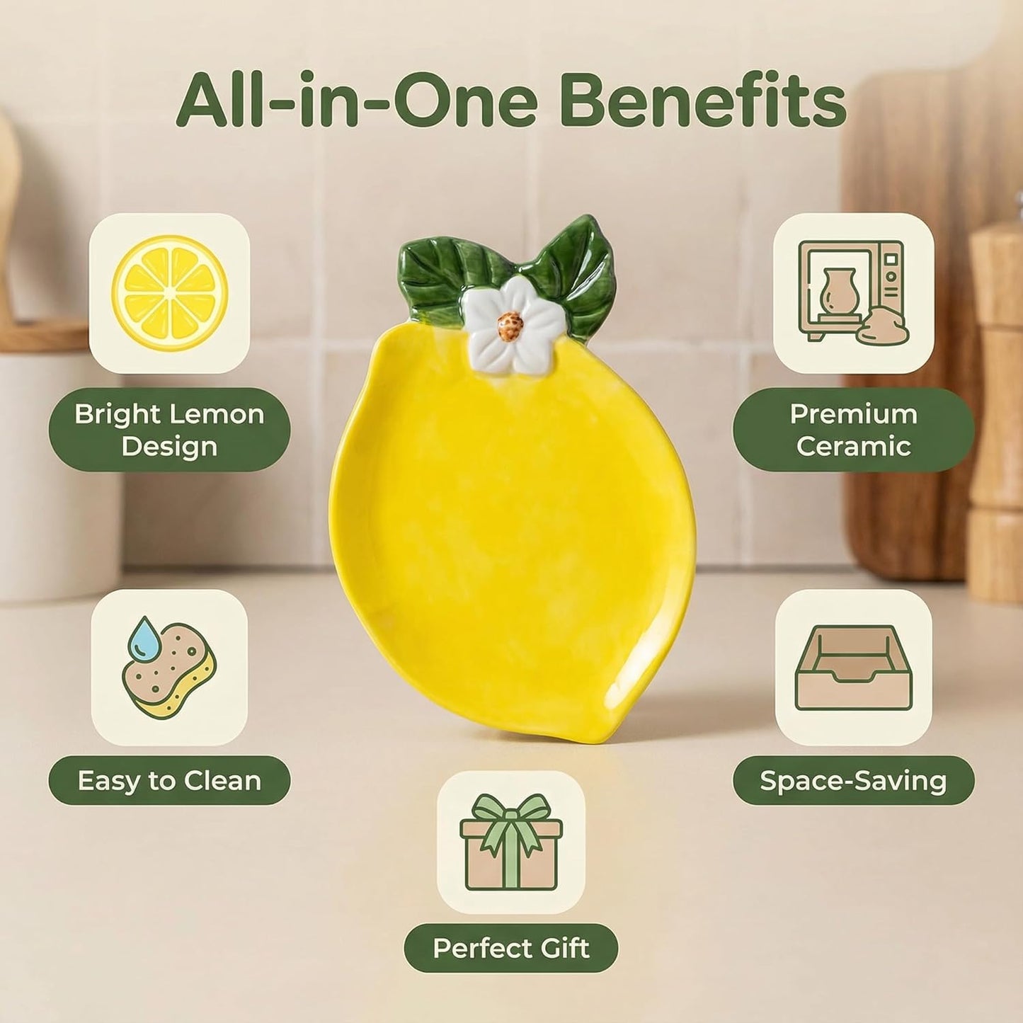 Lemon Spoon Rest For Stove Top -Yellow Single Lemon Ceramic Spoon Holder For Kitchen Counter & Kitchen Decor, Yellow Countertop Organizer For Spoons Or Spatulas, Practical And Artistic (Small)