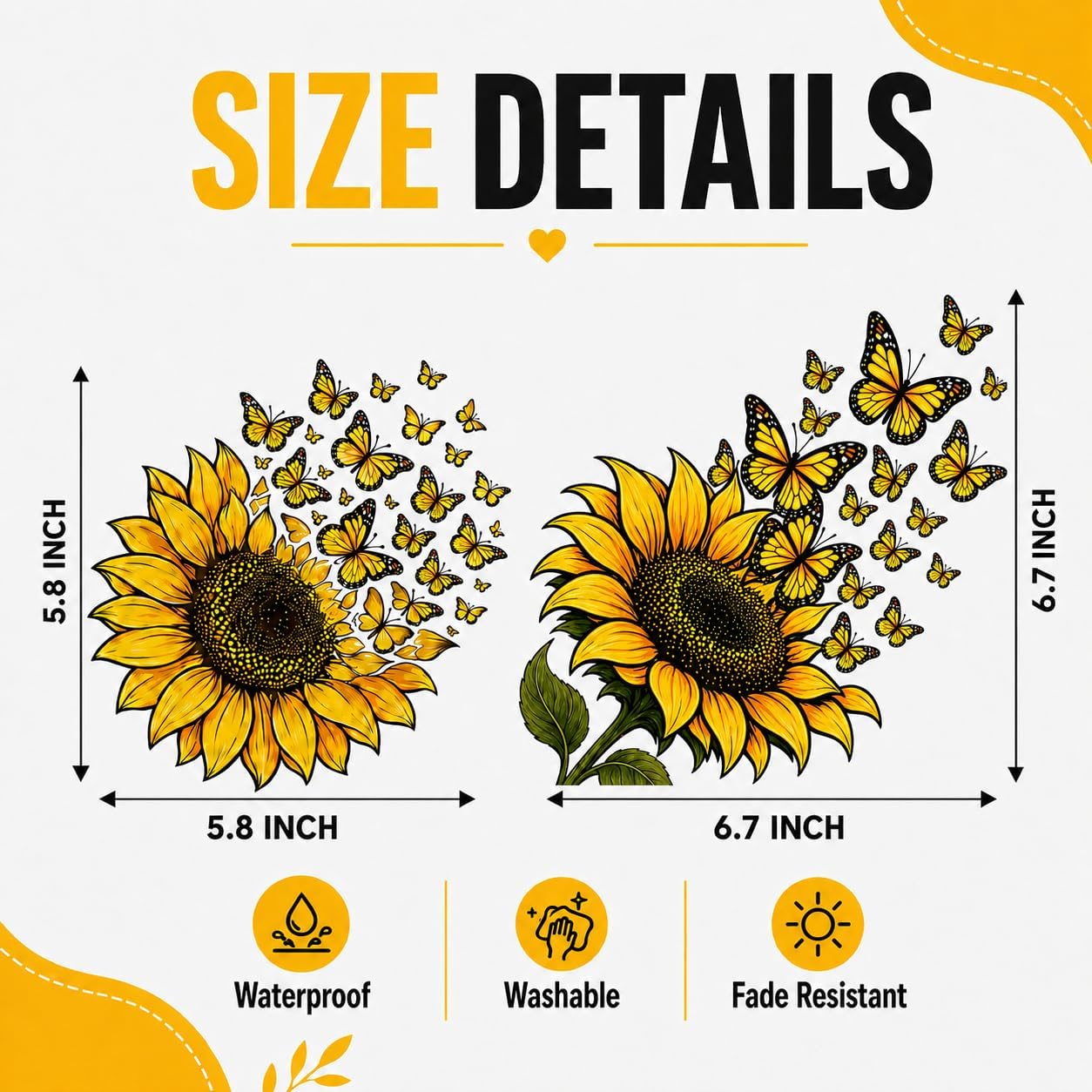 Sunflower Butterfly Car Stickers, Yellow Floral Butterfly Car Decals Made of Automotive Grade Vinyl for Cars, Trucks, SUVs, Windows and Bumpers, Car Decor for Women Girls, Helps Cover Scratches (B)