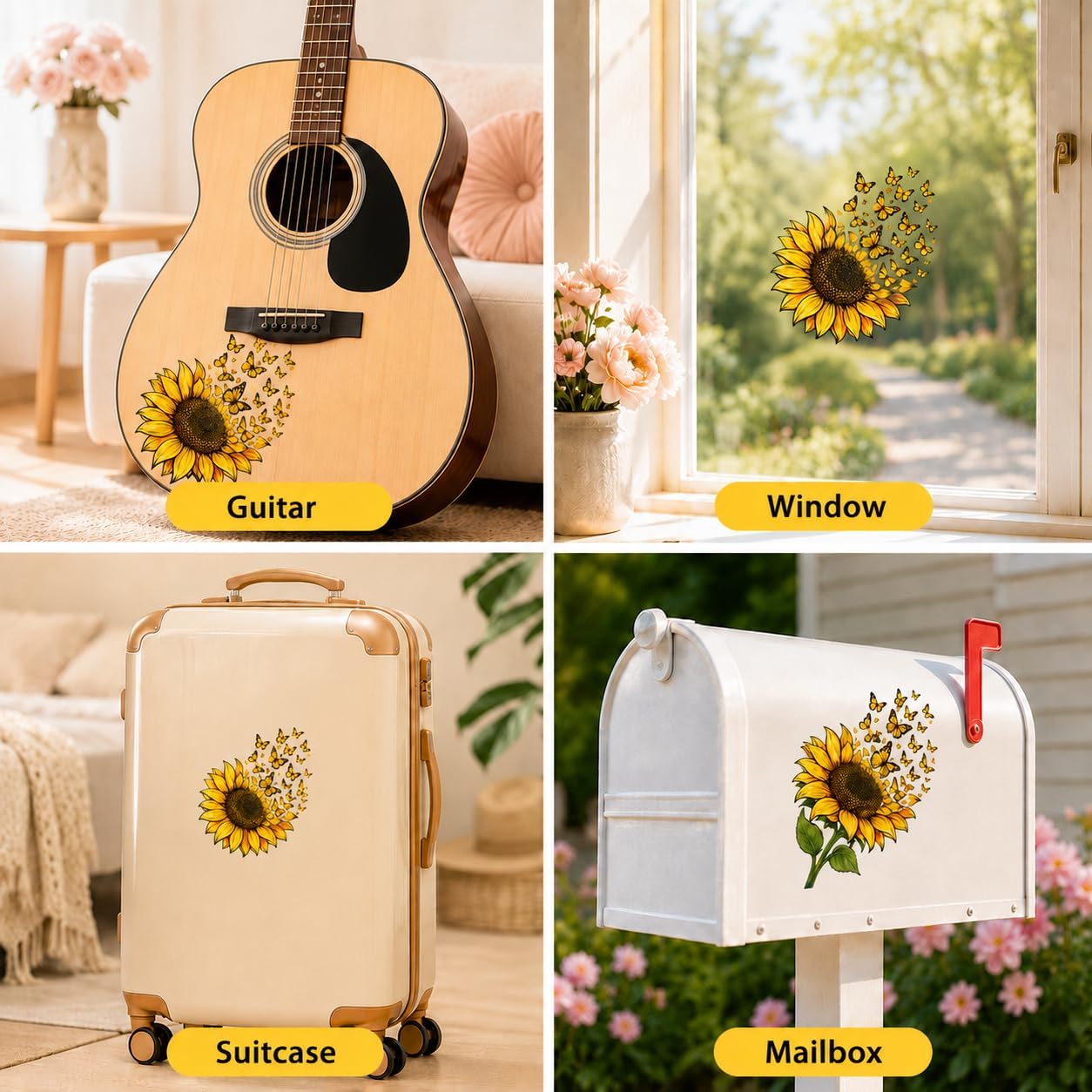 Sunflower Butterfly Car Stickers, Yellow Floral Butterfly Car Decals Made of Automotive Grade Vinyl for Cars, Trucks, SUVs, Windows and Bumpers, Car Decor for Women Girls, Helps Cover Scratches (B)