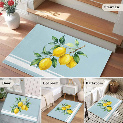 Area Rug 2x3ft, Watercolor Yellow Lemon Leaves Washable Rugs for Living Room Bedroom, Summer Fruit on Light Blue Soft Non-Slip Area Rugs Rectangle Floor Carpet for Dining Room