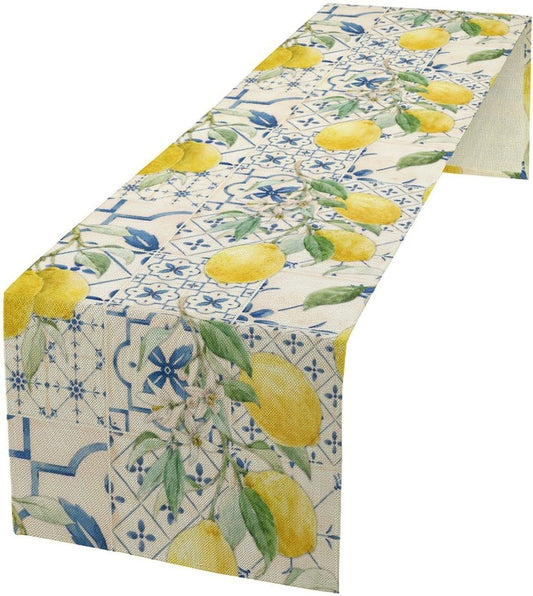 Vintage Lemon Table Runner, Watercolor Yellow Lemons Blue Tiles Spring Summer Seasonal Kitchen Dining Table Decoration for Indoor Outdoor Party, 13x36inch