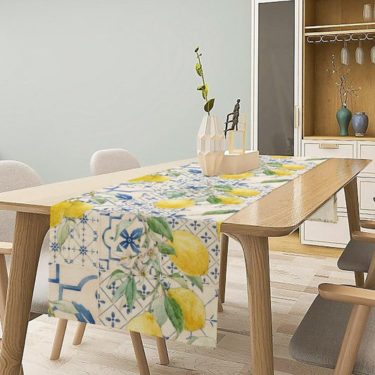 Vintage Lemon Table Runner, Watercolor Yellow Lemons Blue Tiles Spring Summer Seasonal Kitchen Dining Table Decoration for Indoor Outdoor Party, 13x36inch