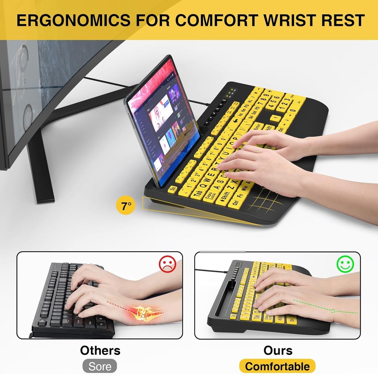 Large Print Keyboard Wired Computer Keyboards with Wrist Rest, Phone Holder, Big Letters Easy to Read Compatible Windows, Desktop, Laptop, Yellow