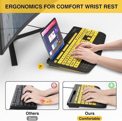 Large Print Keyboard Wired Computer Keyboards with Wrist Rest, Phone Holder, Big Letters Easy to Read Compatible Windows, Desktop, Laptop, Yellow