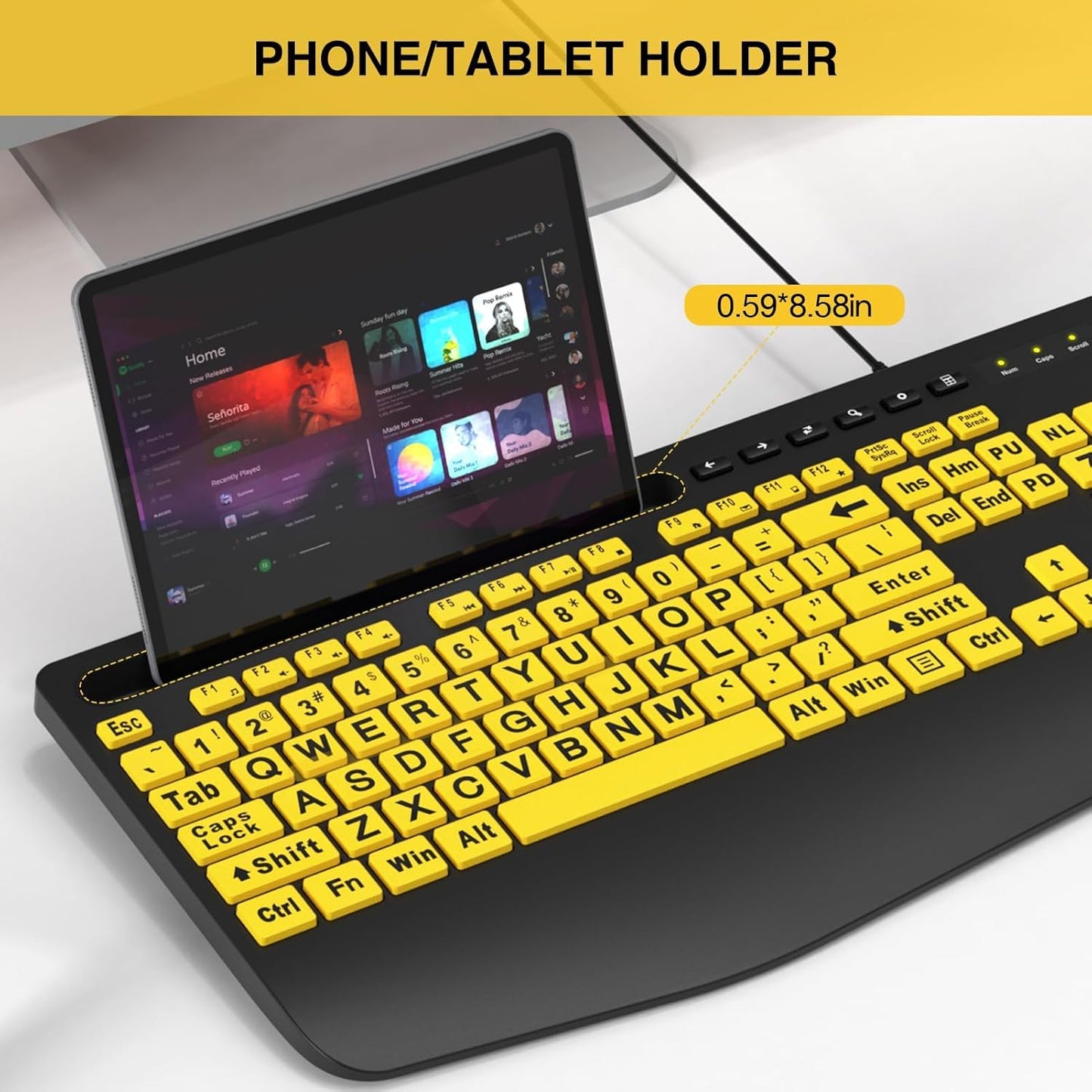 Large Print Keyboard Wired Computer Keyboards with Wrist Rest, Phone Holder, Big Letters Easy to Read Compatible Windows, Desktop, Laptop, Yellow