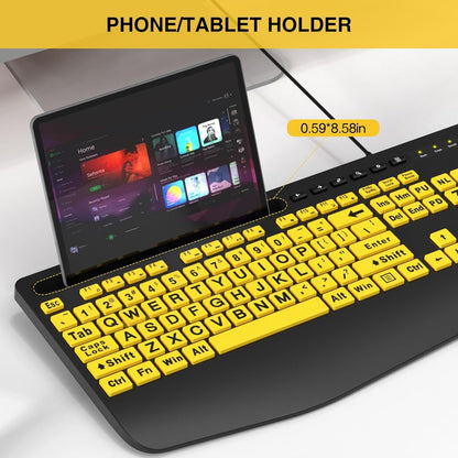 Large Print Keyboard Wired Computer Keyboards with Wrist Rest, Phone Holder, Big Letters Easy to Read Compatible Windows, Desktop, Laptop, Yellow