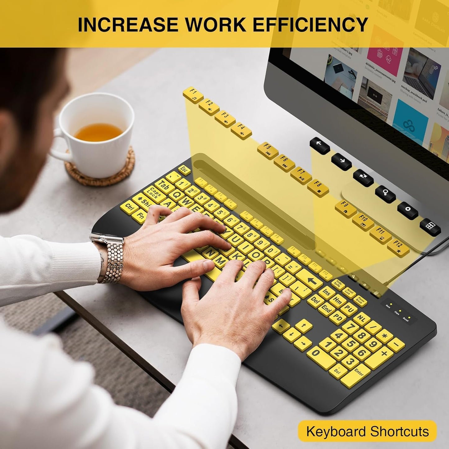 Large Print Keyboard Wired Computer Keyboards with Wrist Rest, Phone Holder, Big Letters Easy to Read Compatible Windows, Desktop, Laptop, Yellow