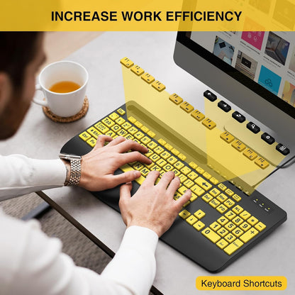 Large Print Keyboard Wired Computer Keyboards with Wrist Rest, Phone Holder, Big Letters Easy to Read Compatible Windows, Desktop, Laptop, Yellow