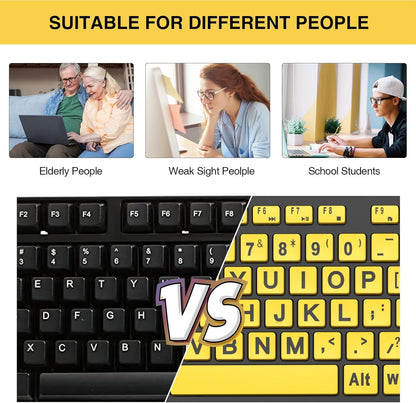 Large Print Keyboard Wired Computer Keyboards with Wrist Rest, Phone Holder, Big Letters Easy to Read Compatible Windows, Desktop, Laptop, Yellow