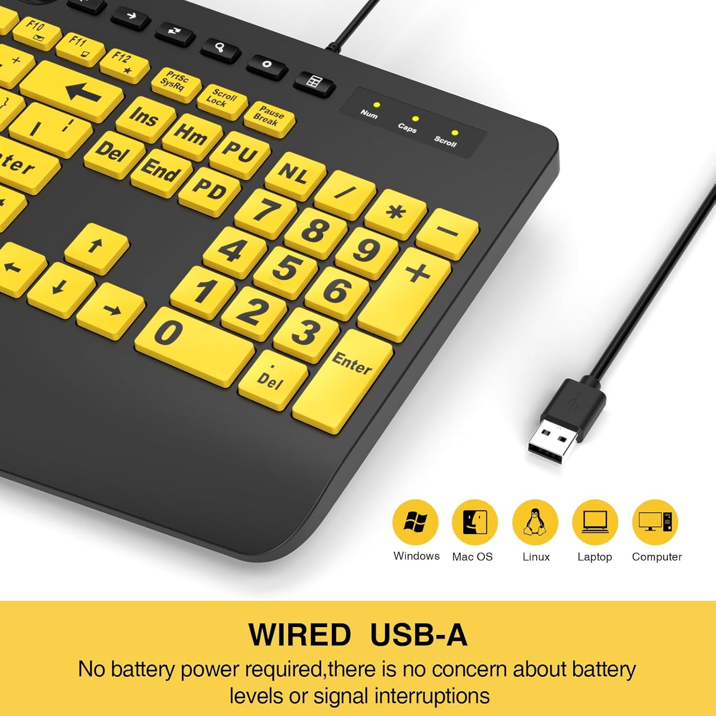 Large Print Keyboard Wired Computer Keyboards with Wrist Rest, Phone Holder, Big Letters Easy to Read Compatible Windows, Desktop, Laptop, Yellow