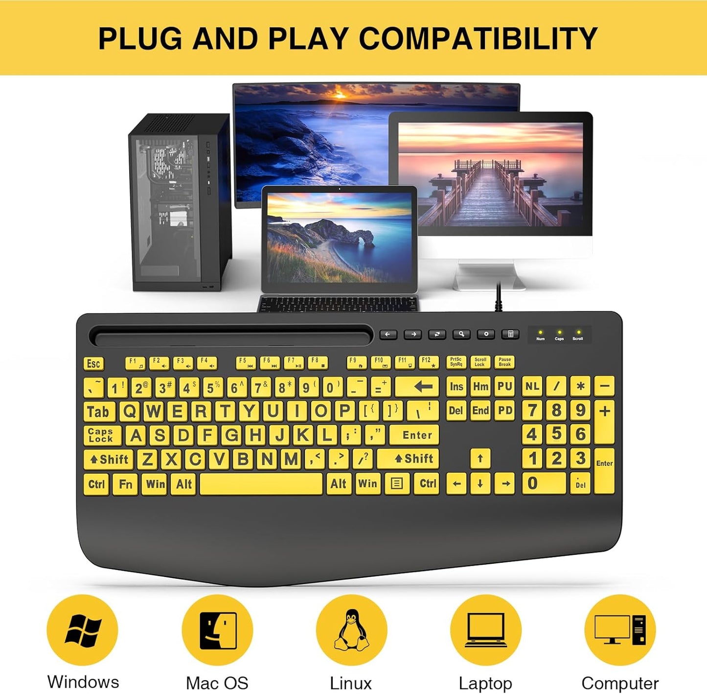 Large Print Keyboard Wired Computer Keyboards with Wrist Rest, Phone Holder, Big Letters Easy to Read Compatible Windows, Desktop, Laptop, Yellow