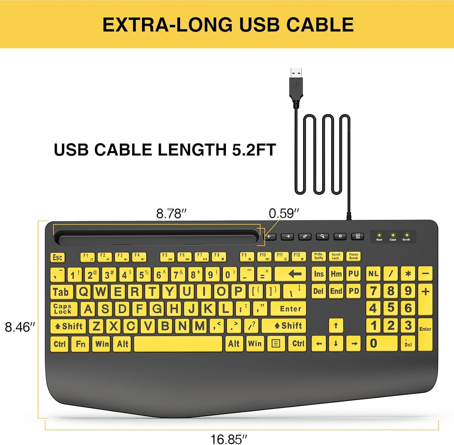 Large Print Keyboard Wired Computer Keyboards with Wrist Rest, Phone Holder, Big Letters Easy to Read Compatible Windows, Desktop, Laptop, Yellow