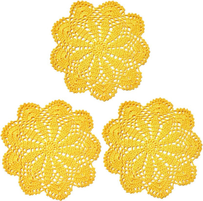 3 PCS 8 Inch Lace Doilies Tea Cup Coasters Handmade Crochet Daisy Flower Placemats (Yellow)