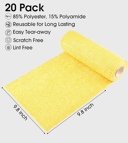 KitchLife Microfiber Cleaning Cloth Roll - Tear-Away Reusable Microfiber Paper Towels, Lint-Free, Washable, 20 Sheets for Kitchen, Car, Dishes, and Sensitive Surfaces (Yellow)