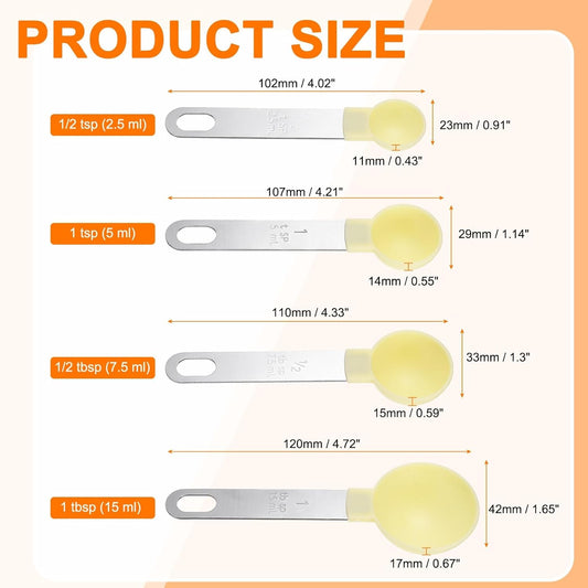 4pcs Measuring Spoon Set 1/2tsp 1tsp 1/2tbsp 1tbsp Teaspoon Tablespoon Stainless Steel Measure Scoop Cup Kitchen Gadgets for Cooking Baking, Yellow